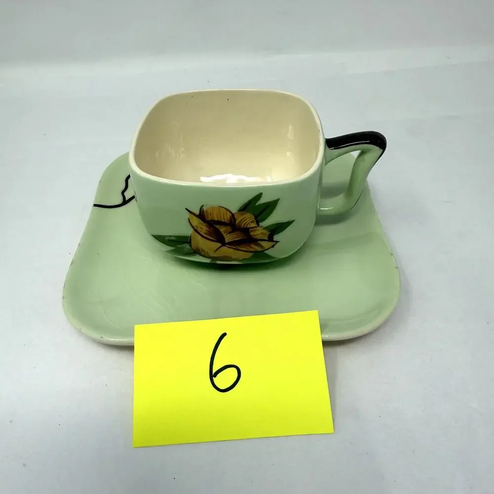 Weil Ware California Pottery Cup & Plate Set Hand Decorated Bamboo Lotus Vintage